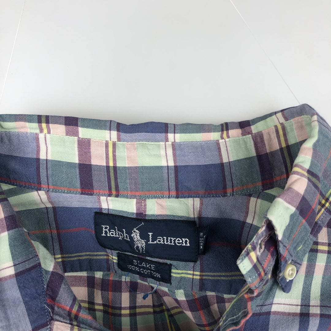 Ralph Lauren BLAKE short sleeve button down check shirt, men's size M cotton navy blue type Vintage Second Hand