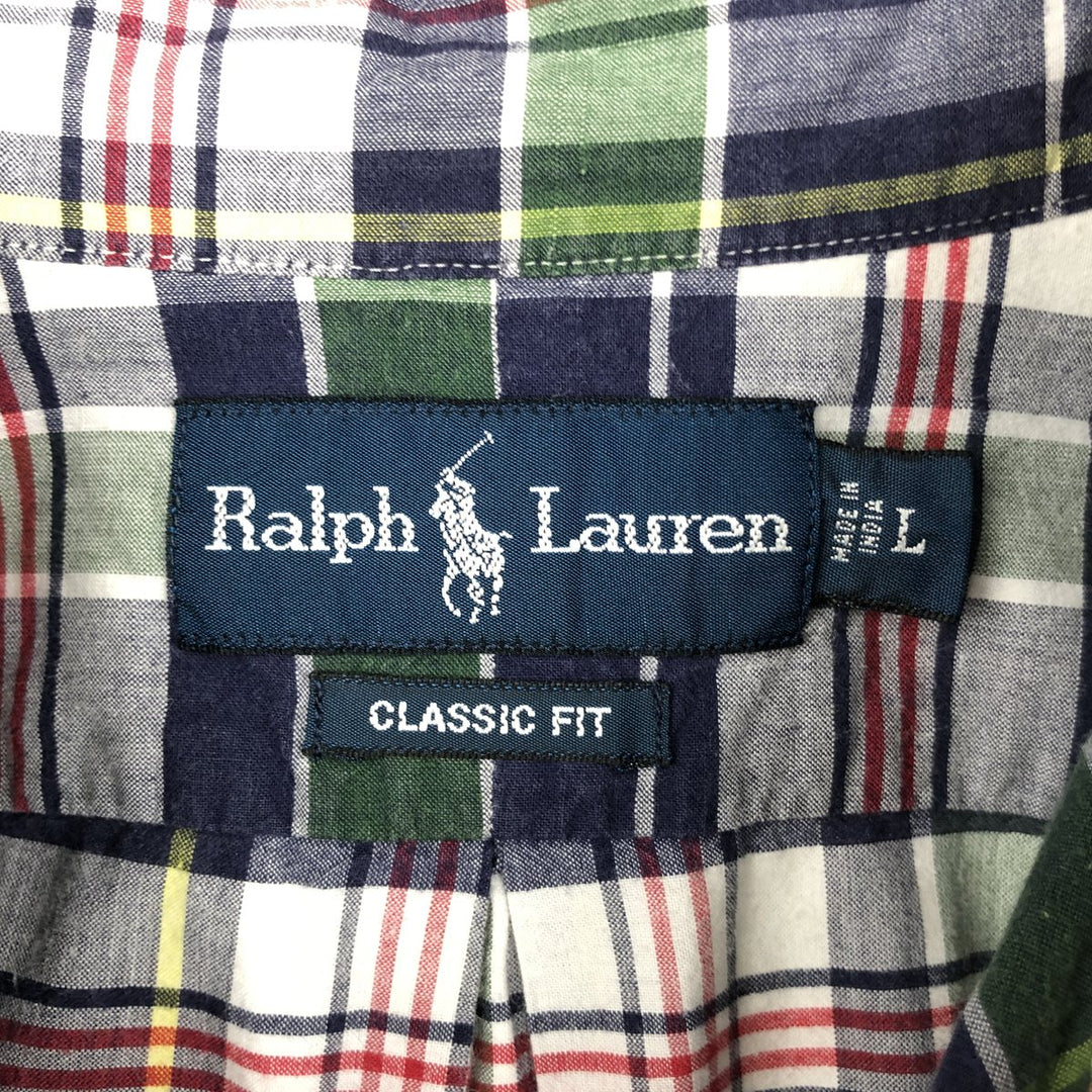 Ralph Lauren Classic Fit Short Sleeve Button Down Check Shirt Men's Size L cotton navy blue type Vintage Second Hand