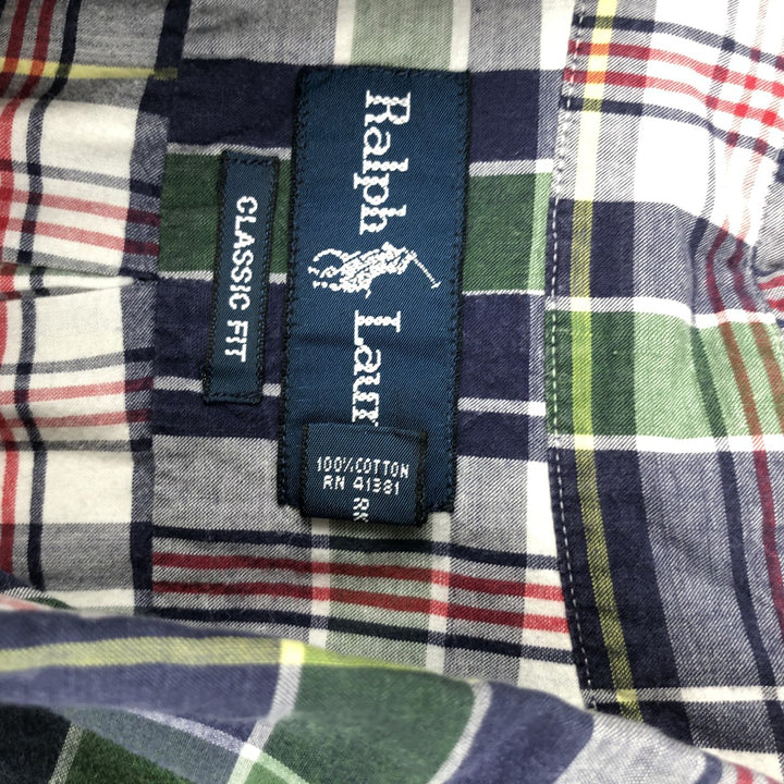 Ralph Lauren Classic Fit Short Sleeve Button Down Check Shirt Men's Size L cotton navy blue type Vintage Second Hand