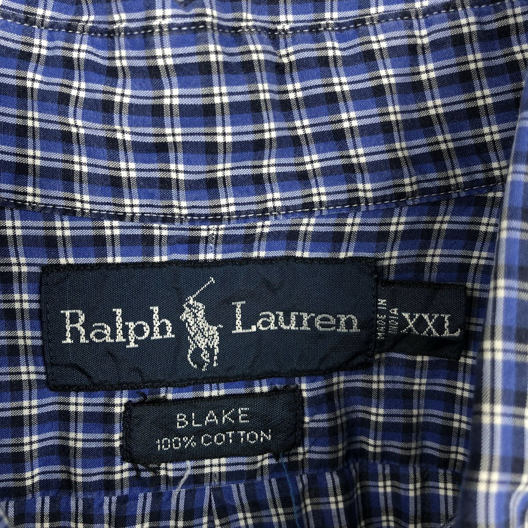 Ralph Lauren BLAKE short sleeve button down check shirt, men's size XXL cotton Navy blue Vintage Second Hand