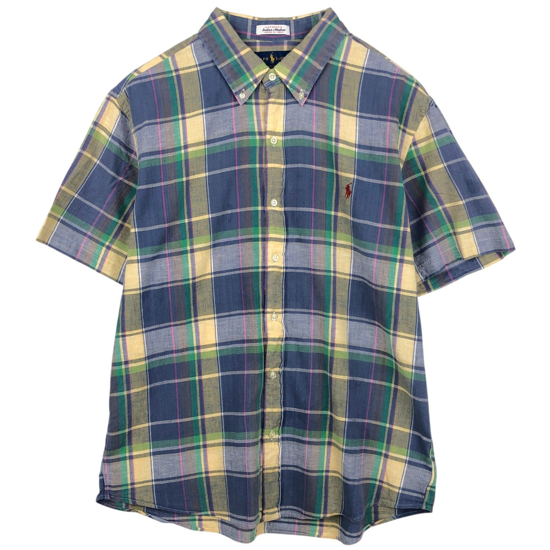 Ralph Lauren CUSTOM FIT Madras check short-sleeved button-down check shirt, men's size XXL equivalent. cotton navy blue type Vintage Second Hand