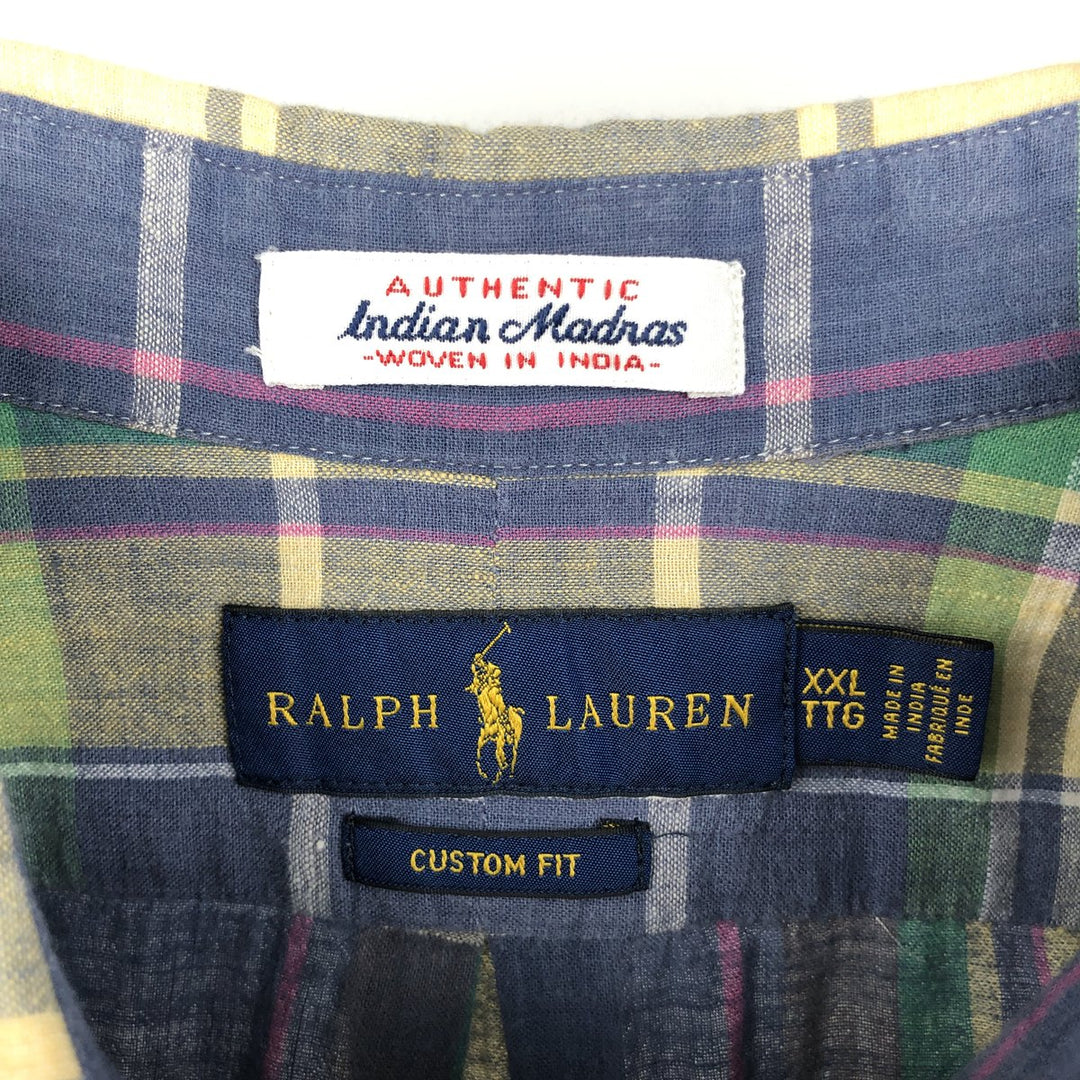 Ralph Lauren CUSTOM FIT Madras check short-sleeved button-down check shirt, men's size XXL equivalent. cotton navy blue type Vintage Second Hand