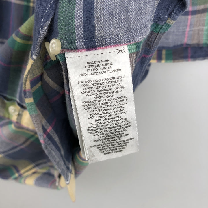 Ralph Lauren CUSTOM FIT Madras check short-sleeved button-down check shirt, men's size XXL equivalent. cotton navy blue type Vintage Second Hand