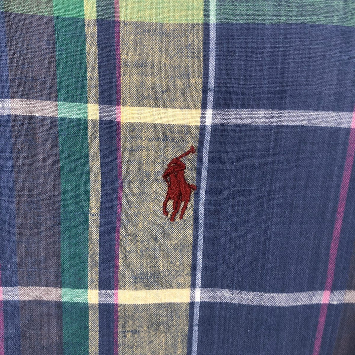 Ralph Lauren CUSTOM FIT Madras check short-sleeved button-down check shirt, men's size XXL equivalent. cotton navy blue type Vintage Second Hand