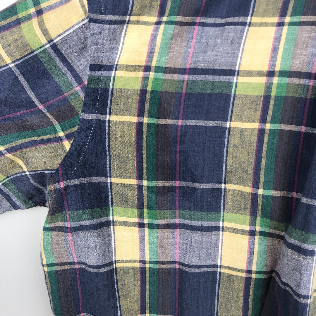 Ralph Lauren CUSTOM FIT Madras check short-sleeved button-down check shirt, men's size XXL equivalent. cotton navy blue type Vintage Second Hand