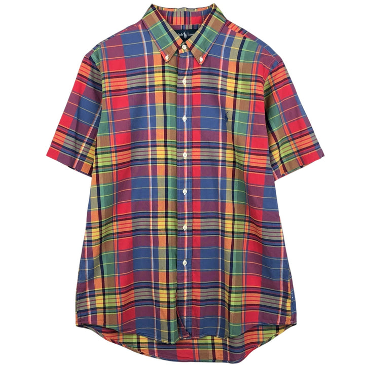 Ralph Lauren CUSTOM FIT Madras check short-sleeved button-down check shirt, men's size L (approx.) cotton red type Vintage Second Hand