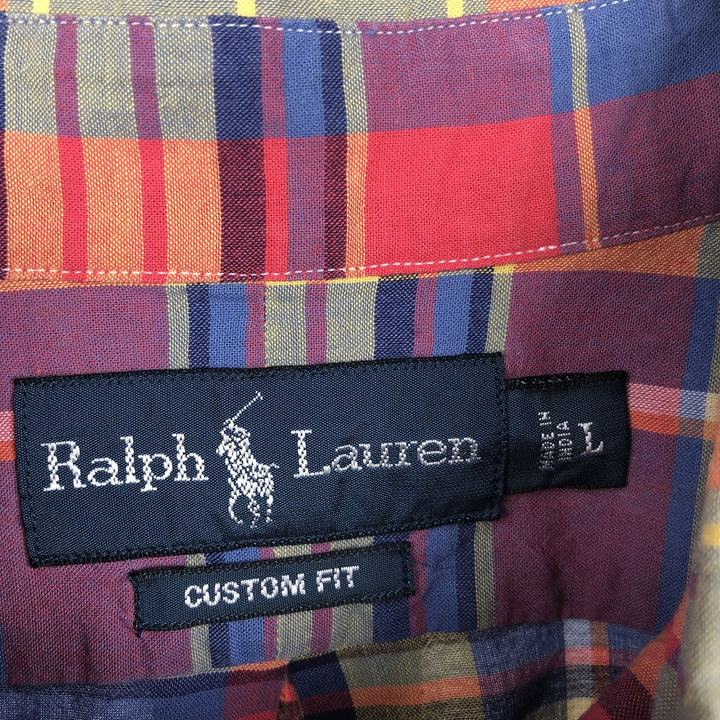 Ralph Lauren CUSTOM FIT Madras check short-sleeved button-down check shirt, men's size L (approx.) cotton red type Vintage Second Hand