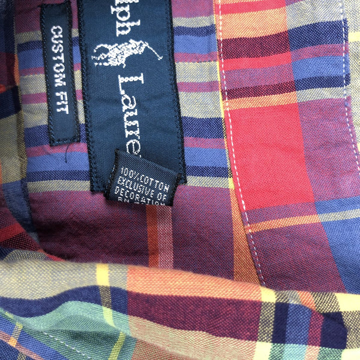 Ralph Lauren CUSTOM FIT Madras check short-sleeved button-down check shirt, men's size L (approx.) cotton red type Vintage Second Hand