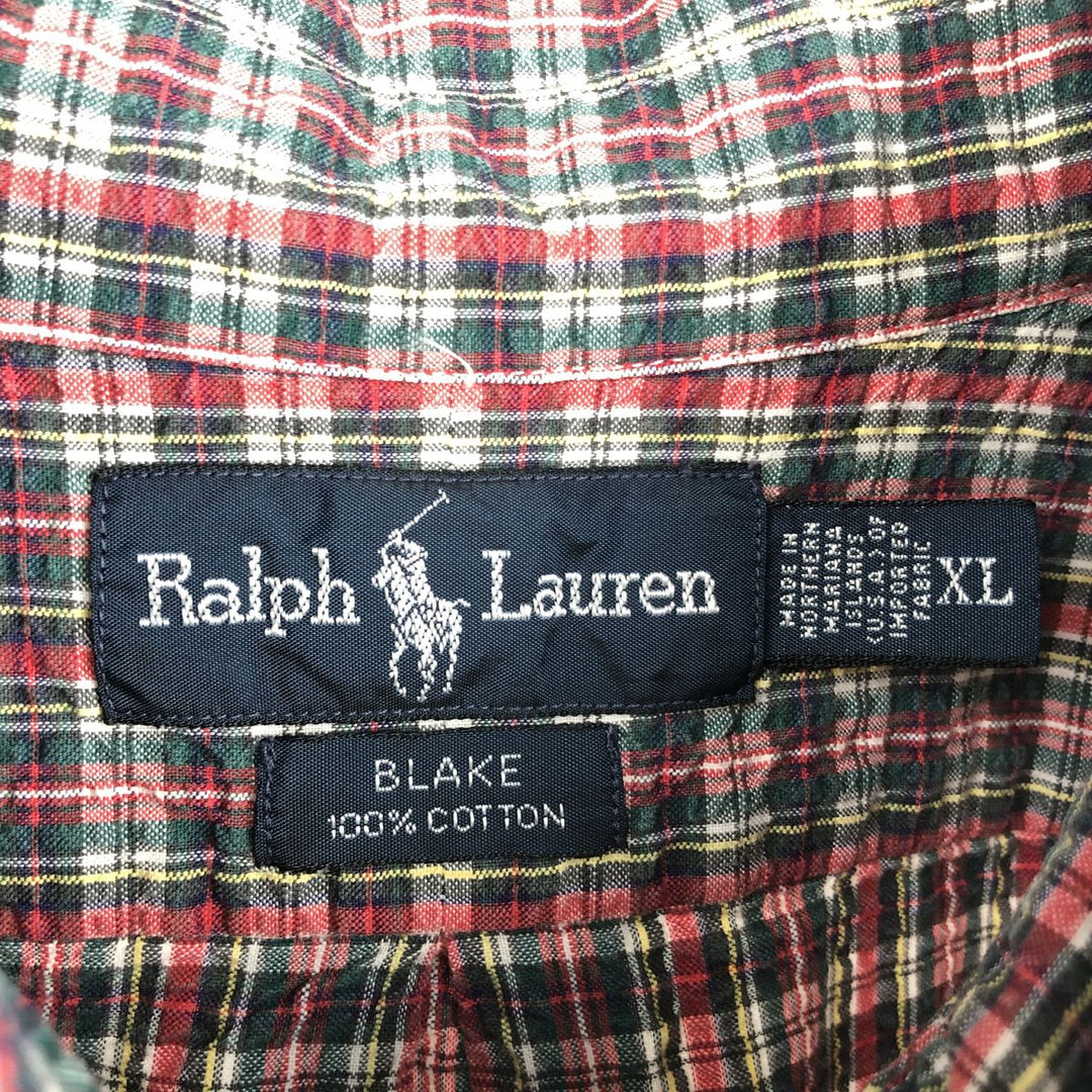 Ralph Lauren BLAKE Seersucker Short-Sleeve Button-Down Check Shirt, Men's Size XL (approx.) cotton red type Vintage Second Hand