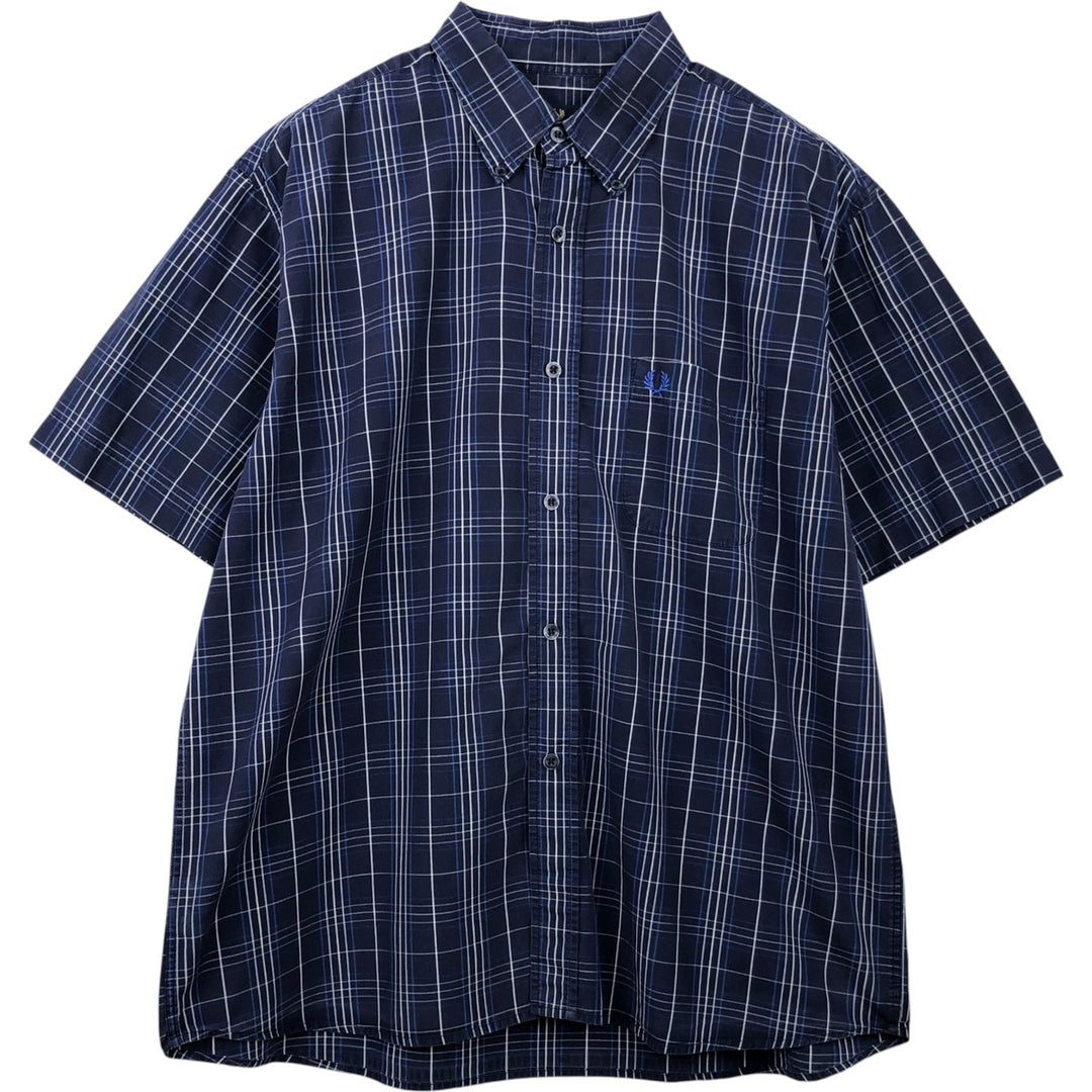 Fred Perry short-sleeved button-down check shirt, men's size L unclear navy blue type Vintage Second Hand