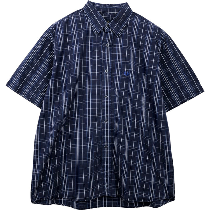 Fred Perry short-sleeved button-down check shirt, men's size L unclear navy blue type Vintage Second Hand