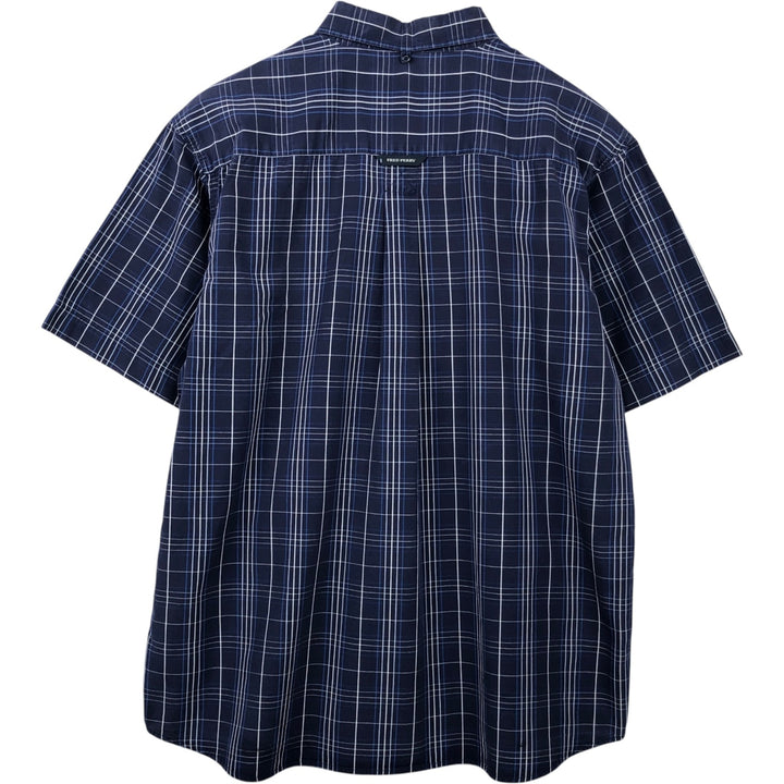 Fred Perry short-sleeved button-down check shirt, men's size L unclear navy blue type Vintage Second Hand