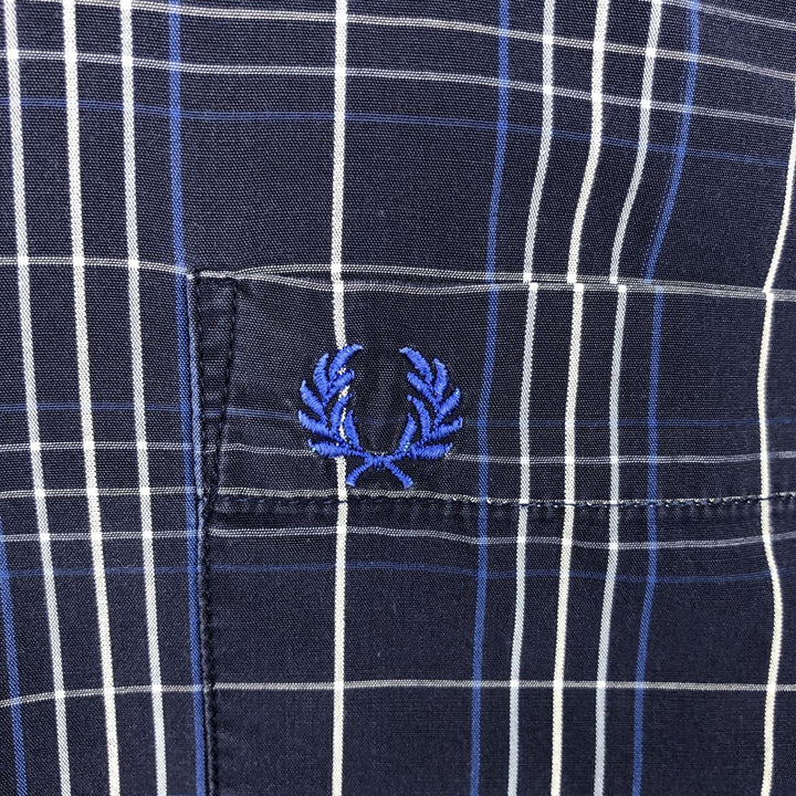 Fred Perry short-sleeved button-down check shirt, men's size L unclear navy blue type Vintage Second Hand