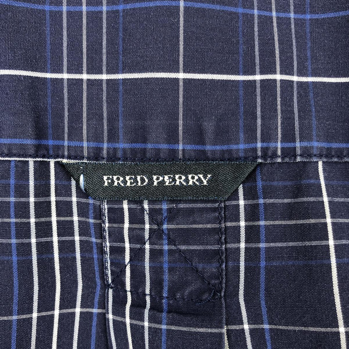 Fred Perry short-sleeved button-down check shirt, men's size L unclear navy blue type Vintage Second Hand