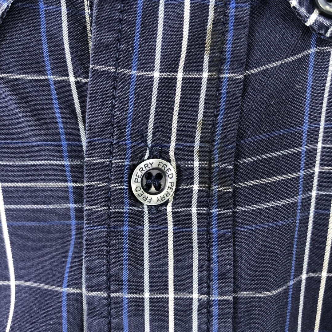 Fred Perry short-sleeved button-down check shirt, men's size L unclear navy blue type Vintage Second Hand