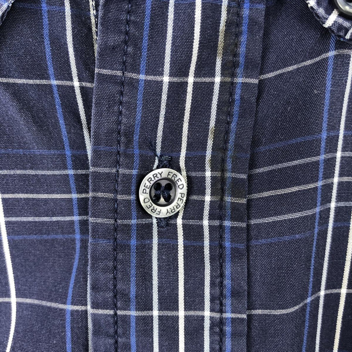 Fred Perry short-sleeved button-down check shirt, men's size L unclear navy blue type Vintage Second Hand