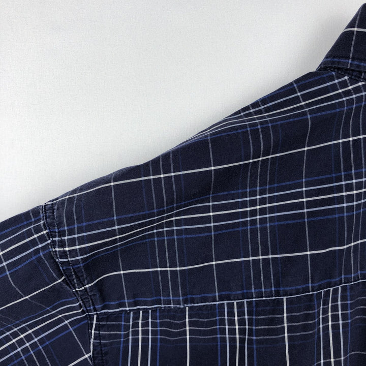 Fred Perry short-sleeved button-down check shirt, men's size L unclear navy blue type Vintage Second Hand