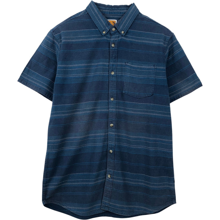 HANG TEN Border Pattern Multi-Border Short-Sleeve Button-Down Shirt, Men's Size M (approx.) cotton Navy blue Vintage Second Hand