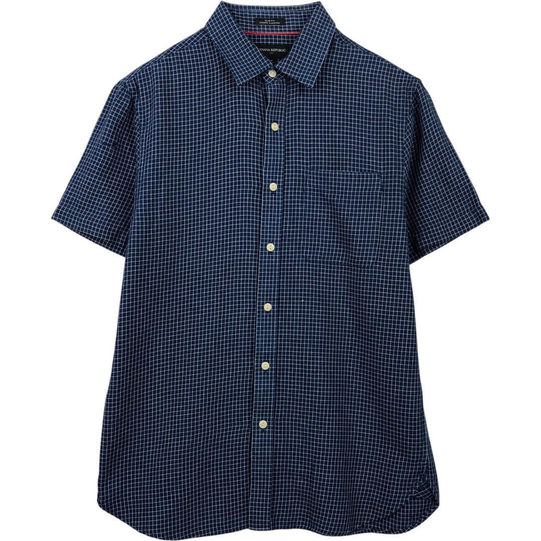 Banana Republic Slim Fit Short-Sleeve Cotton Check Shirt (Men's Size M) cotton Navy blue Vintage Second Hand