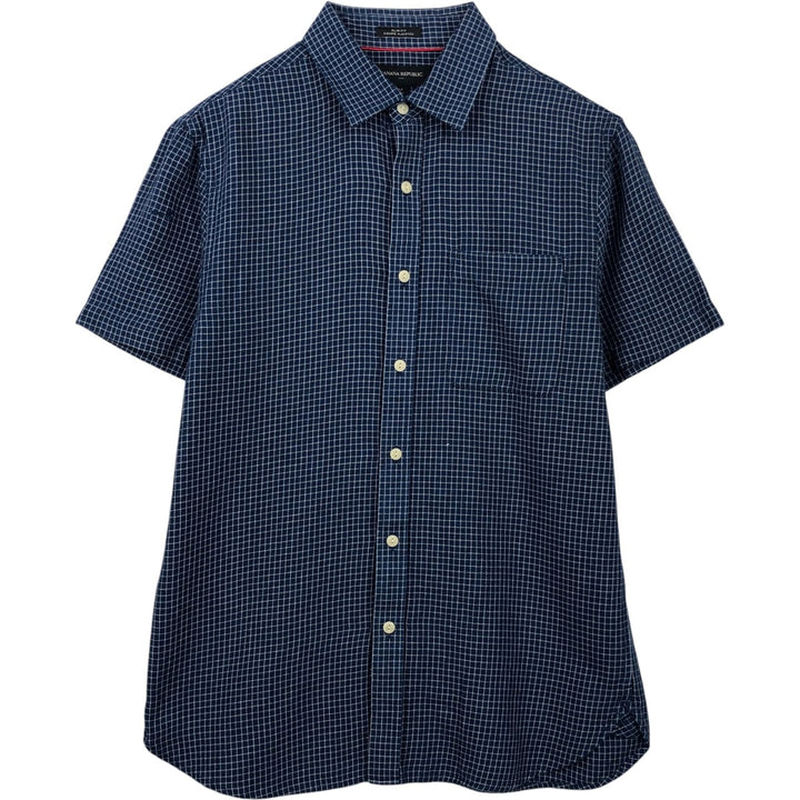 Banana Republic Slim Fit Short-Sleeve Cotton Check Shirt (Men's Size M) cotton Navy blue Vintage Second Hand
