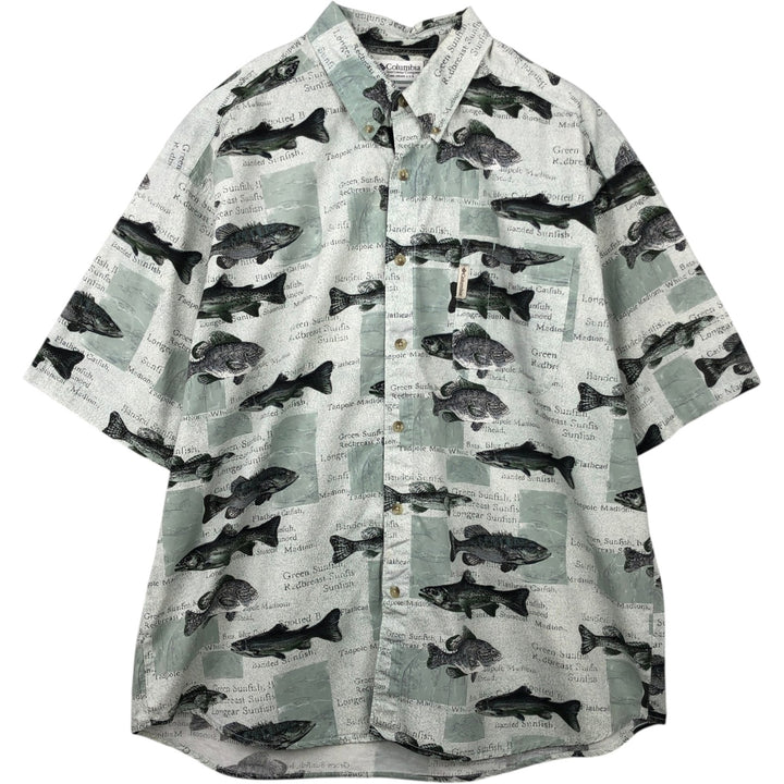 90'S Columbia all-over fish print short-sleeved button-down shirt, men's size XL (approx.) cotton Khaki type sage green Vintage Second Hand