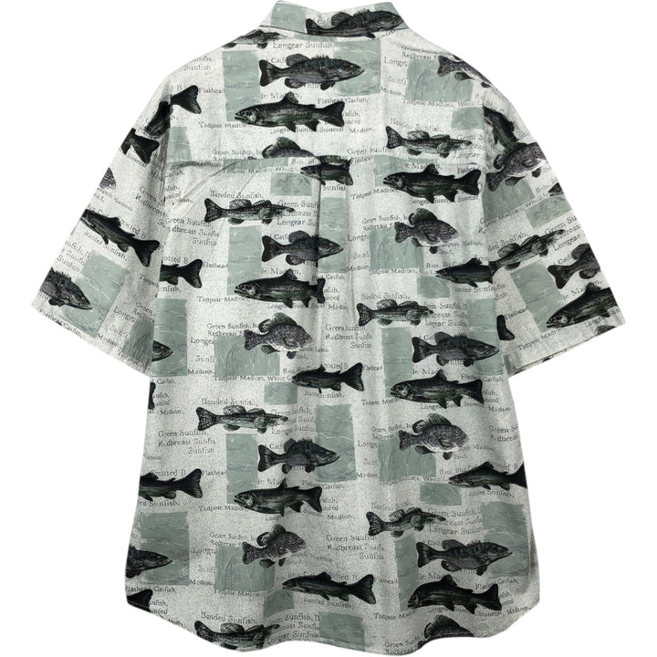 90'S Columbia all-over fish print short-sleeved button-down shirt, men's size XL (approx.) cotton Khaki type sage green Vintage Second Hand