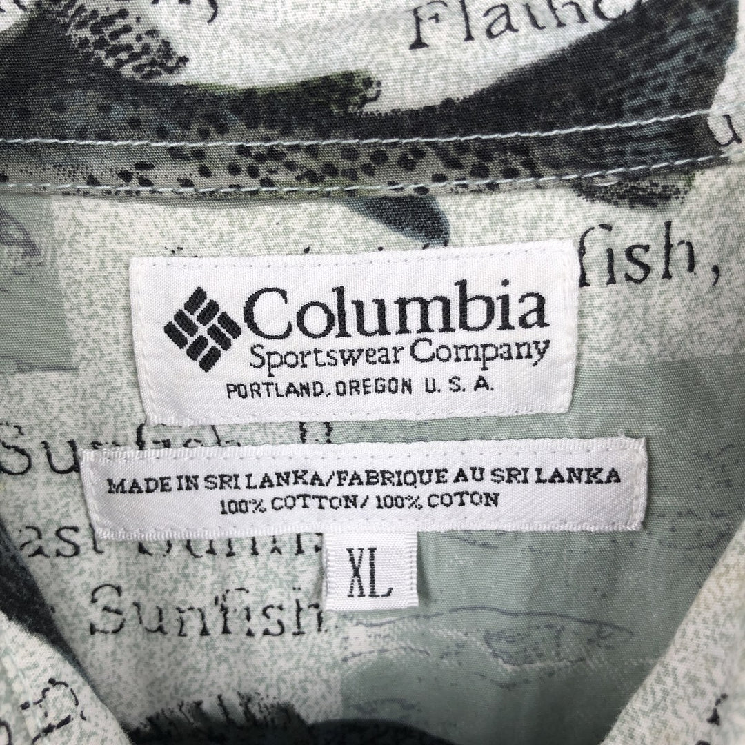 90'S Columbia all-over fish print short-sleeved button-down shirt, men's size XL (approx.) cotton Khaki type sage green Vintage Second Hand