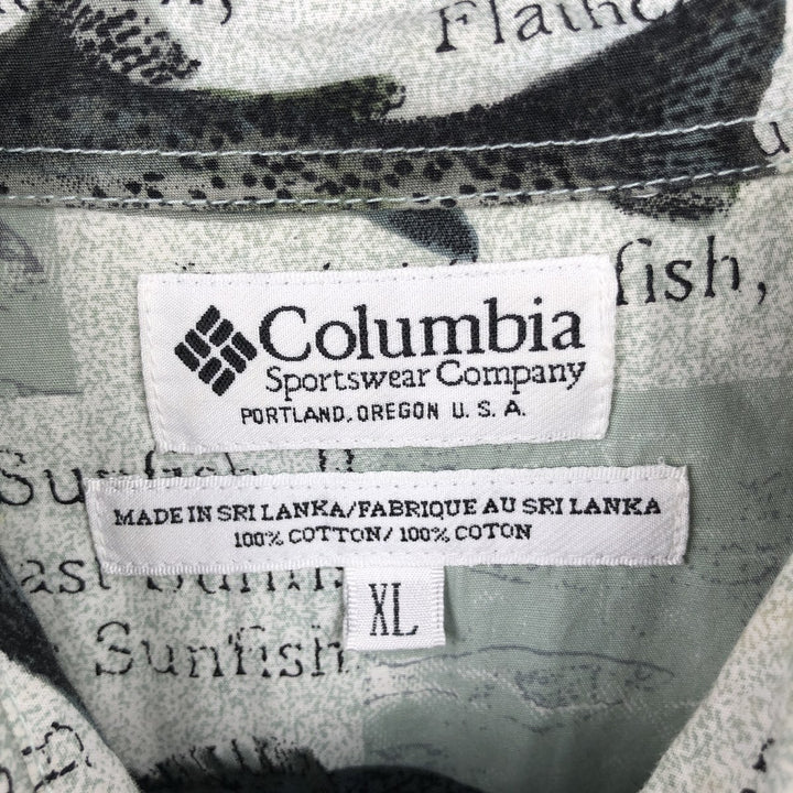 90'S Columbia all-over fish print short-sleeved button-down shirt, men's size XL (approx.) cotton Khaki type sage green Vintage Second Hand