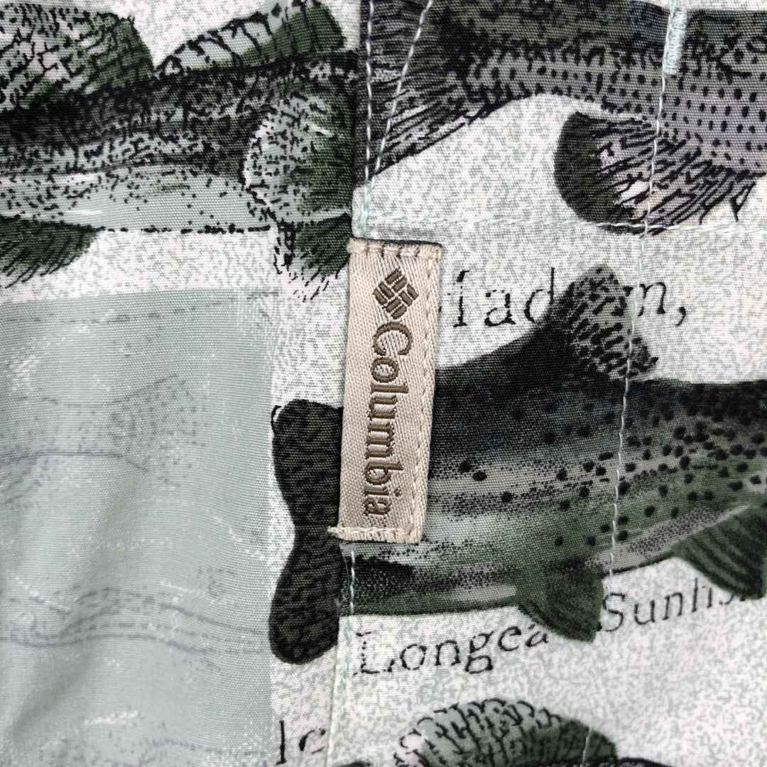 90'S Columbia all-over fish print short-sleeved button-down shirt, men's size XL (approx.) cotton Khaki type sage green Vintage Second Hand