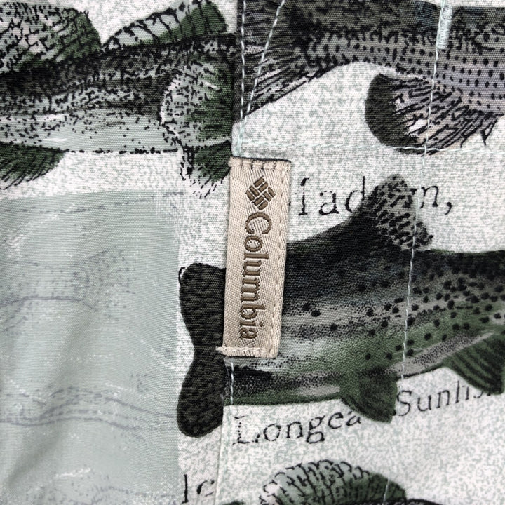 90'S Columbia all-over fish print short-sleeved button-down shirt, men's size XL (approx.) cotton Khaki type sage green Vintage Second Hand