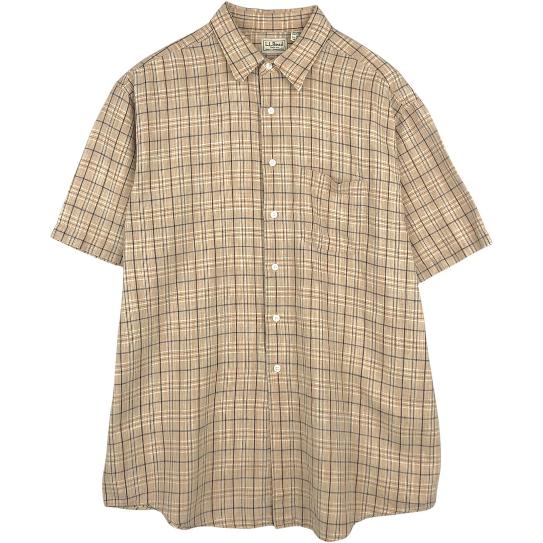 90s-00'S LLBean Check Pattern Short-Sleeve Cotton x Linen Shirt, Men's Size L (approx.), Vintage linen Beige type Vintage Second Hand