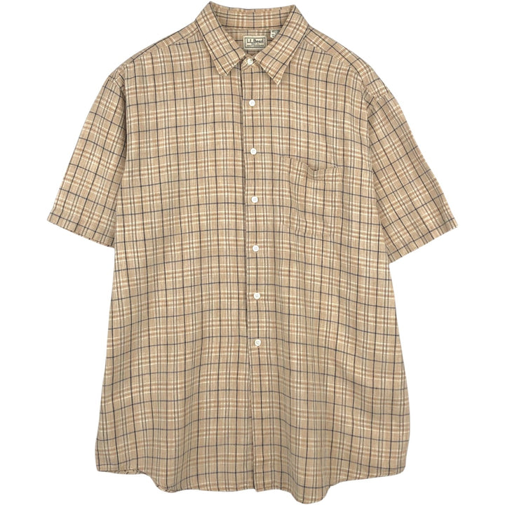 90s-00'S LLBean Check Pattern Short-Sleeve Cotton x Linen Shirt, Men's Size L (approx.), Vintage linen Beige type Vintage Second Hand
