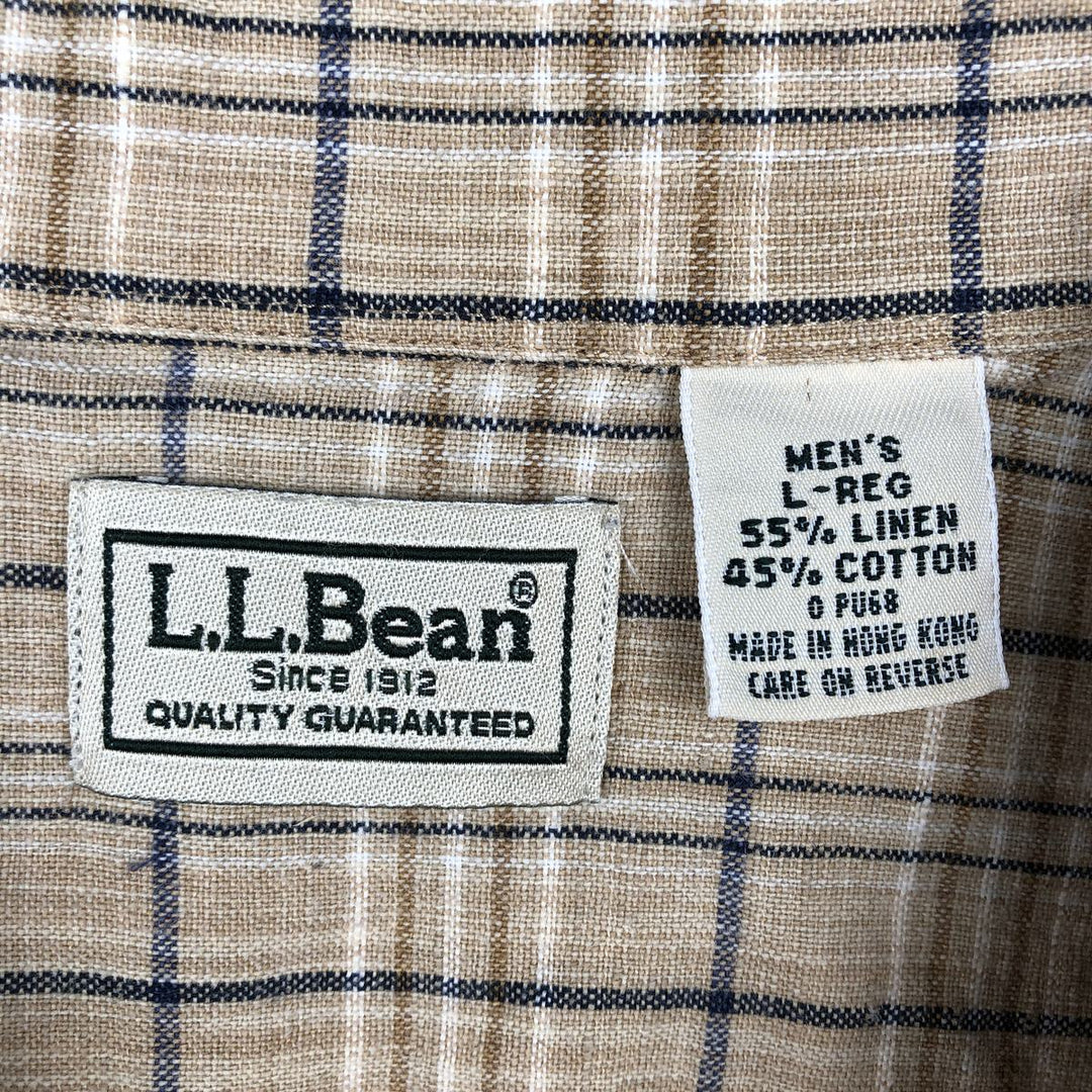 90s-00'S LLBean Check Pattern Short-Sleeve Cotton x Linen Shirt, Men's Size L (approx.), Vintage linen Beige type Vintage Second Hand