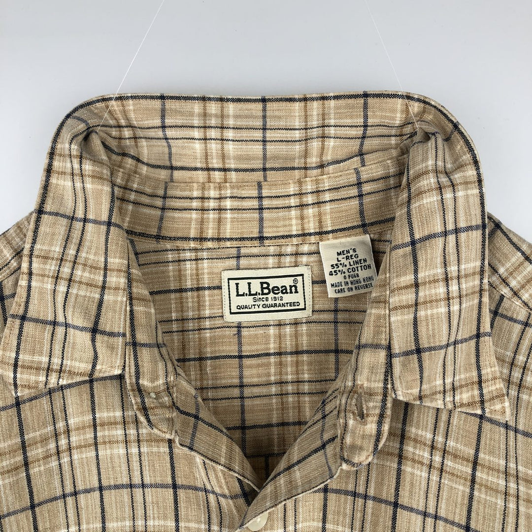 90s-00'S LLBean Check Pattern Short-Sleeve Cotton x Linen Shirt, Men's Size L (approx.), Vintage linen Beige type Vintage Second Hand