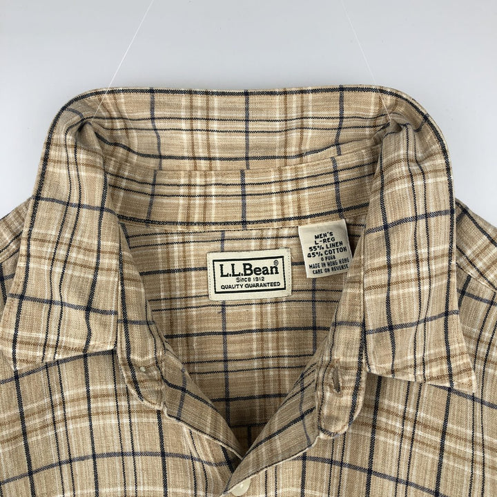 90s-00'S LLBean Check Pattern Short-Sleeve Cotton x Linen Shirt, Men's Size L (approx.), Vintage linen Beige type Vintage Second Hand
