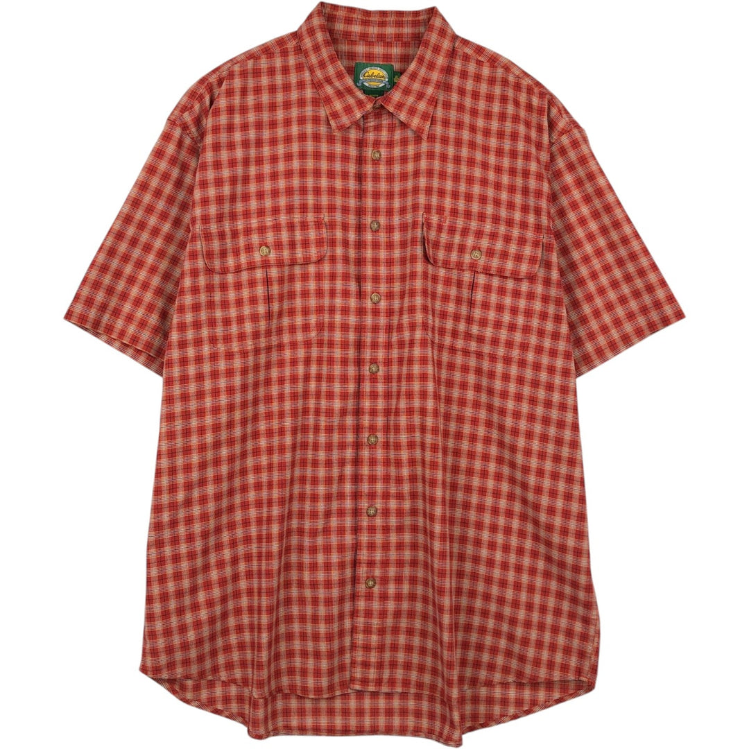 90'S Cabelas Check Pattern Short-Sleeve Poly-Cotton Shirt, Men's XL (approx.), Vintage polyester red type reddish brown Vintage Second Hand