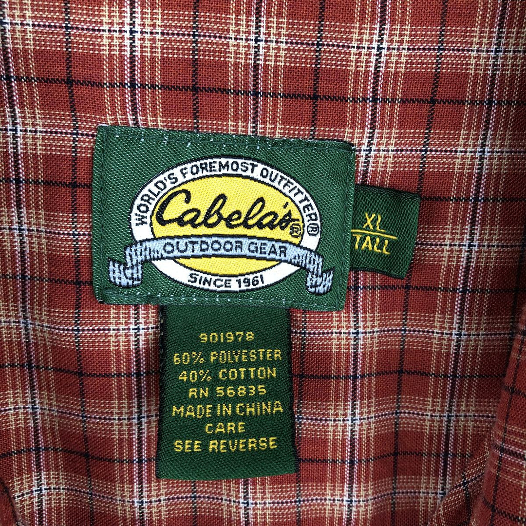 90'S Cabelas Check Pattern Short-Sleeve Poly-Cotton Shirt, Men's XL (approx.), Vintage polyester red type reddish brown Vintage Second Hand