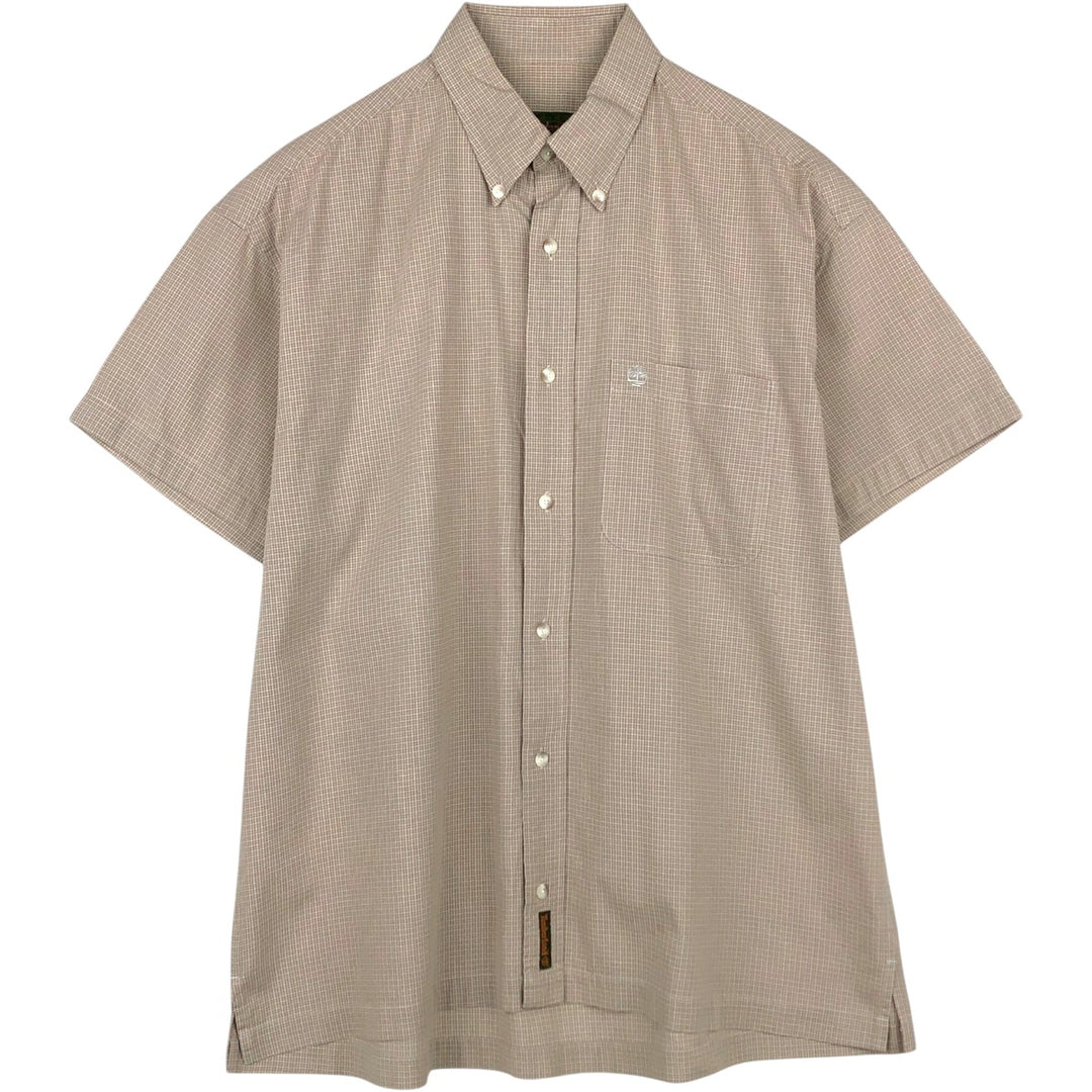 90s-00'S Timberland Short-Sleeve Button-Down Check Shirt, Boxy Shirt, Men's Size M (Equivalent), Vintage cotton beige type brown Vintage Second Hand
