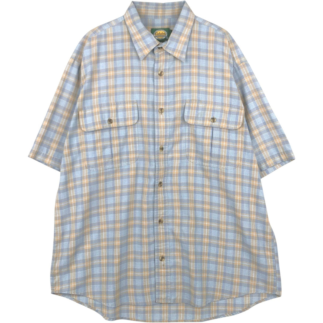 90s-00'S Cabelas Check Pattern Short-Sleeve Poly-Cotton Shirt, Men's Size L (Equivalent), Vintage polyester blue type Vintage Second Hand