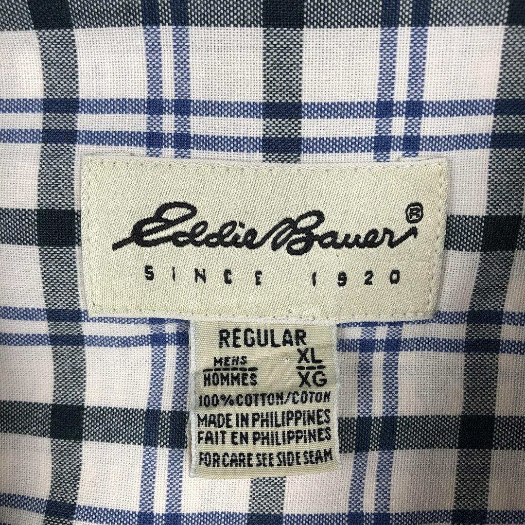 Eddie Bauer Check Pattern Short-Sleeve Button-Down Check Shirt, Men's Size XL (approx.) cotton blue type Vintage Second Hand