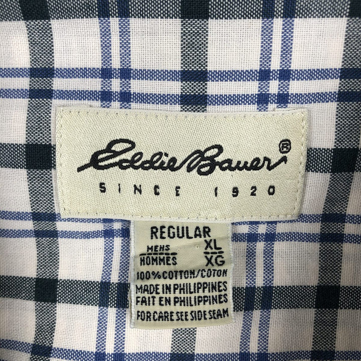 Eddie Bauer Check Pattern Short-Sleeve Button-Down Check Shirt, Men's Size XL (approx.) cotton blue type Vintage Second Hand