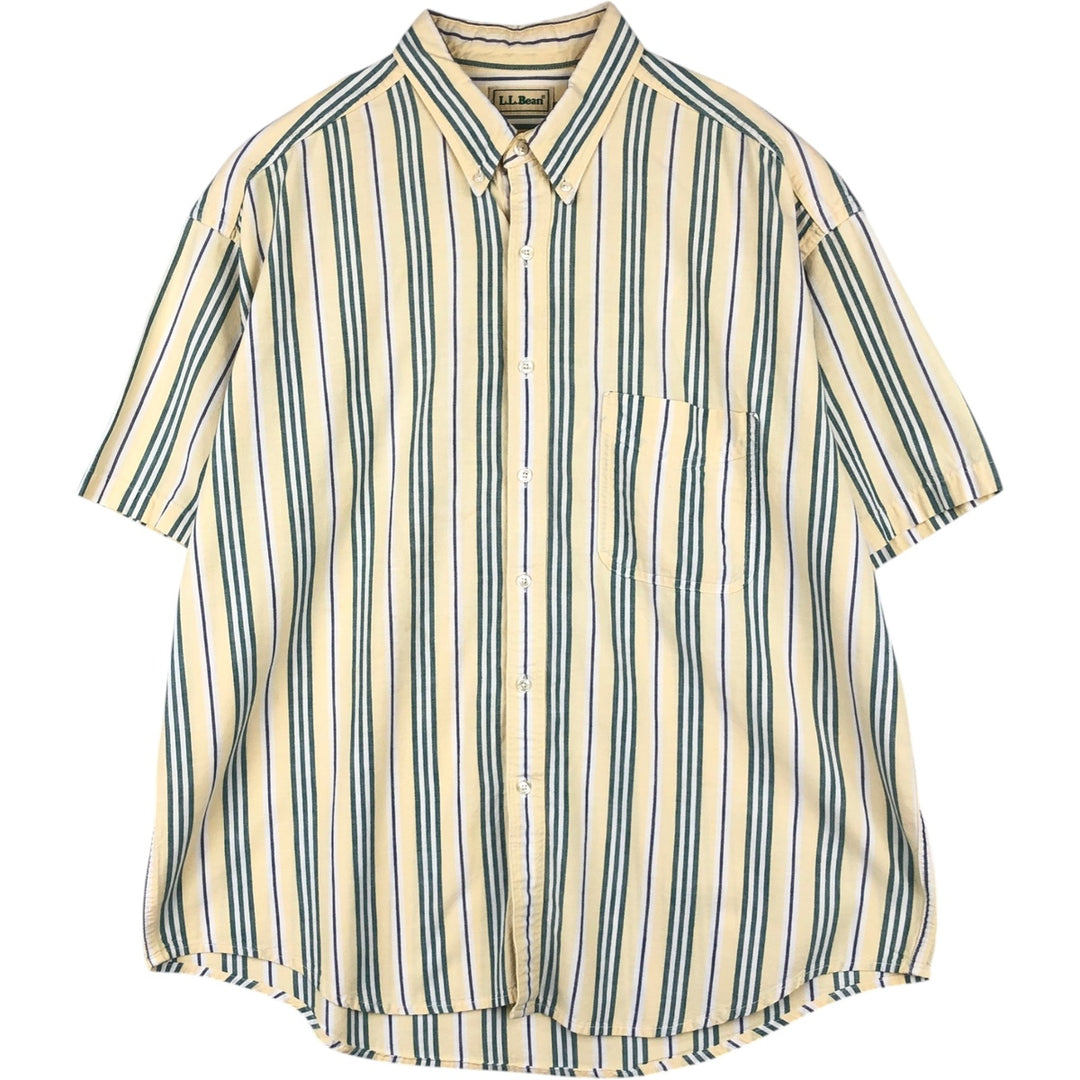 ~90'S L.L.Bean Stripe Pattern Multi-Striped Short-Sleeve Button-Down Stripe Shirt, Men's XL Equivalent, Vintage cotton lemon yellow Vintage Second Hand