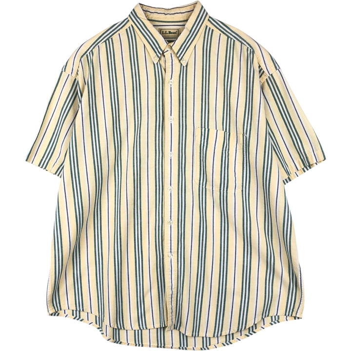 ~90'S L.L.Bean Stripe Pattern Multi-Striped Short-Sleeve Button-Down Stripe Shirt, Men's XL Equivalent, Vintage cotton lemon yellow Vintage Second Hand