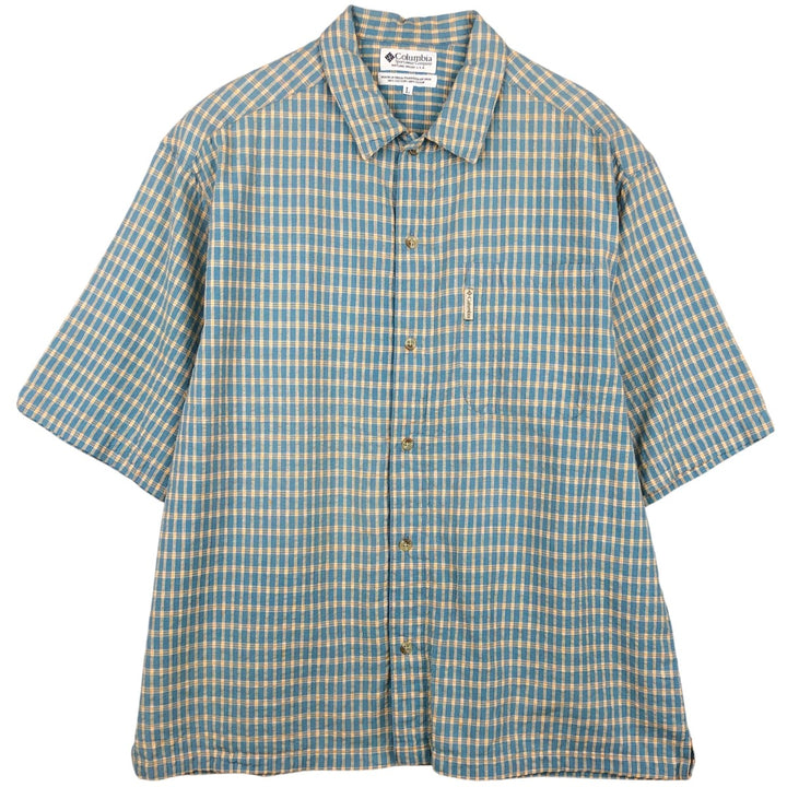 90s-00'S Columbia Seersucker Short-Sleeve Cotton Check Shirt, Boxy Shirt, Men's Size L (Equivalent), Vintage cotton Blue type light blue Vintage Second Hand