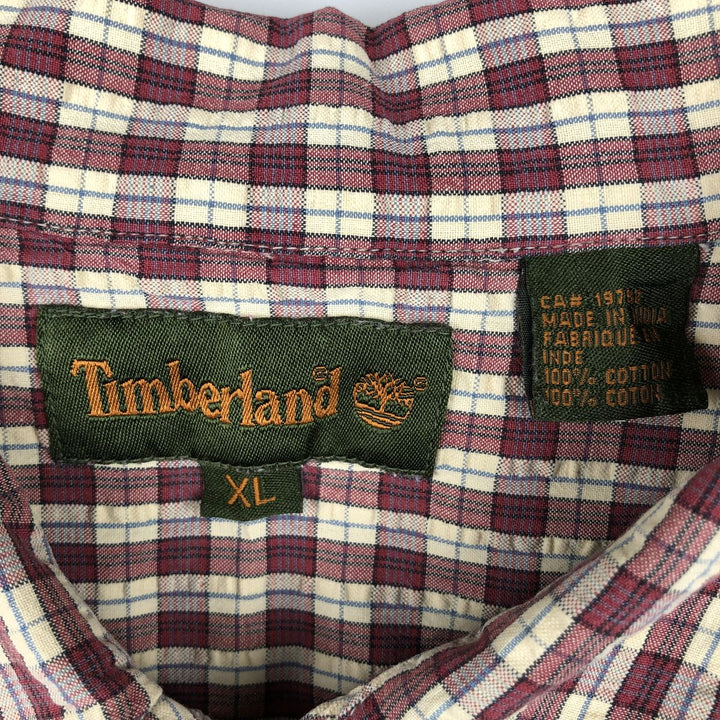 90s-00'S Timberland Seersucker Short-Sleeve Cotton Check Shirt, Boxy Shirt, Men's Size XL (Equivalent), Vintage cotton red type Vintage Second Hand