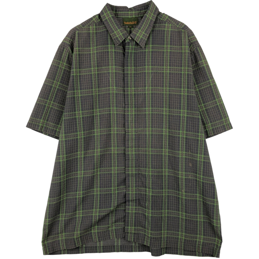 90s-00'S Timberland Check Pattern Seersucker Short-Sleeve Poly-Cotton Boxy Shirt, Men's XL (approx.) polyester Charcoal Vintage Second Hand