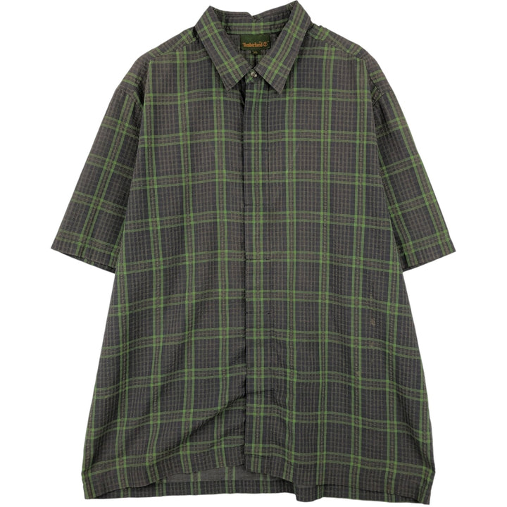 90s-00'S Timberland Check Pattern Seersucker Short-Sleeve Poly-Cotton Boxy Shirt, Men's XL (approx.) polyester Charcoal Vintage Second Hand