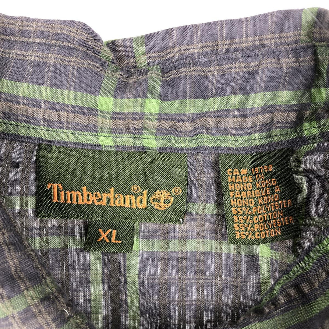90s-00'S Timberland Check Pattern Seersucker Short-Sleeve Poly-Cotton Boxy Shirt, Men's XL (approx.) polyester Charcoal Vintage Second Hand