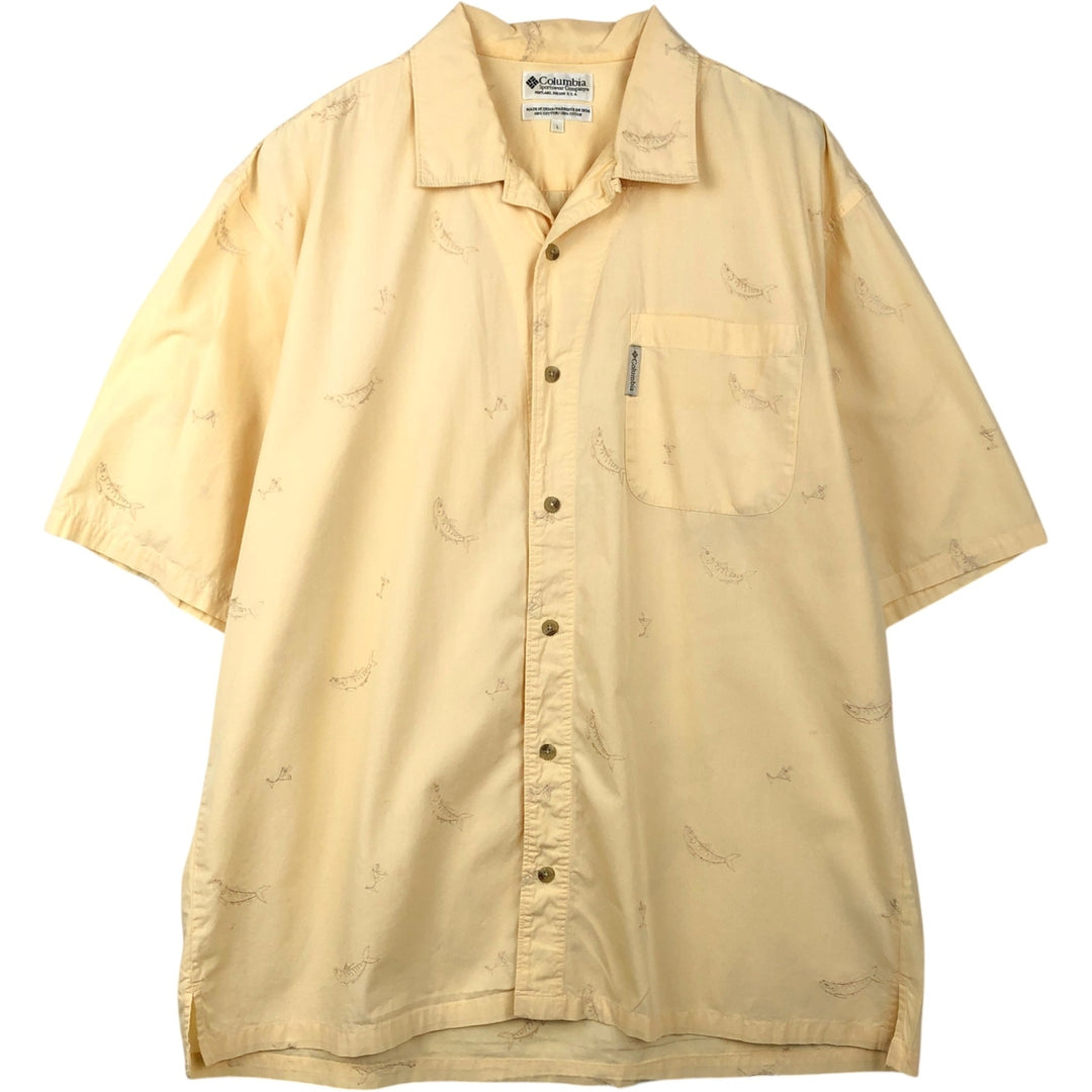 Columbia all-over fish print short-sleeved open-collar cotton shirt, boxy fit, men's size L. cotton yellow type Vintage Second Hand