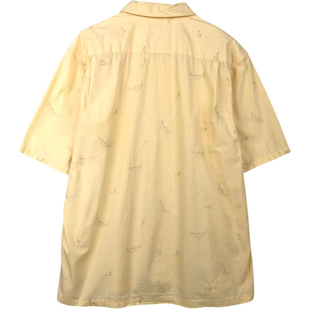 Columbia all-over fish print short-sleeved open-collar cotton shirt, boxy fit, men's size L. cotton yellow type Vintage Second Hand